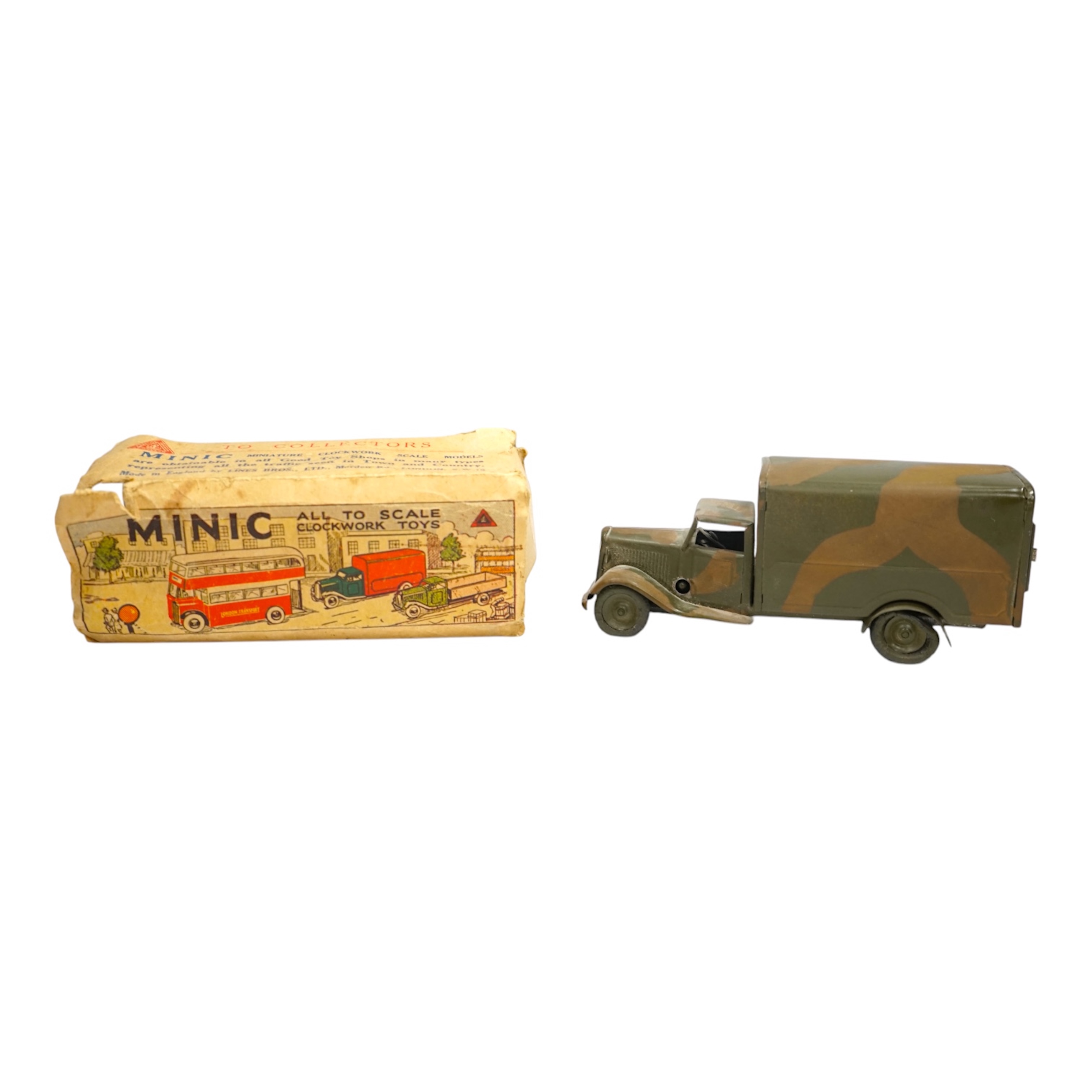 A Tri-ang Minic clockwork tinplate army lorry, in camouflage paint work, together with the remains of its box. Condition fair, original tires fatigued as expected, the box with missing flaps.